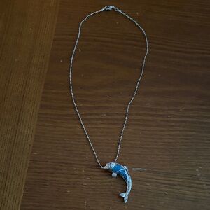 Silver Dolphin Pendant Necklace with Blue Inlay - Women Jewelry